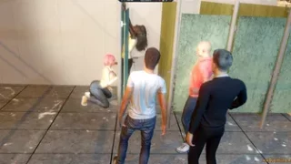 A homeless man gets pleasure in the toilet