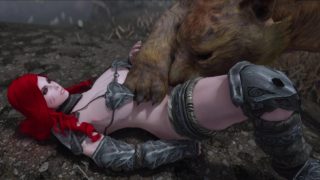 Red-haired girl warrior has fun with her saber-toothed tiger
