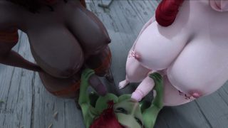 2 Futanari Dwarves Fill Goblin Tummy with Cum